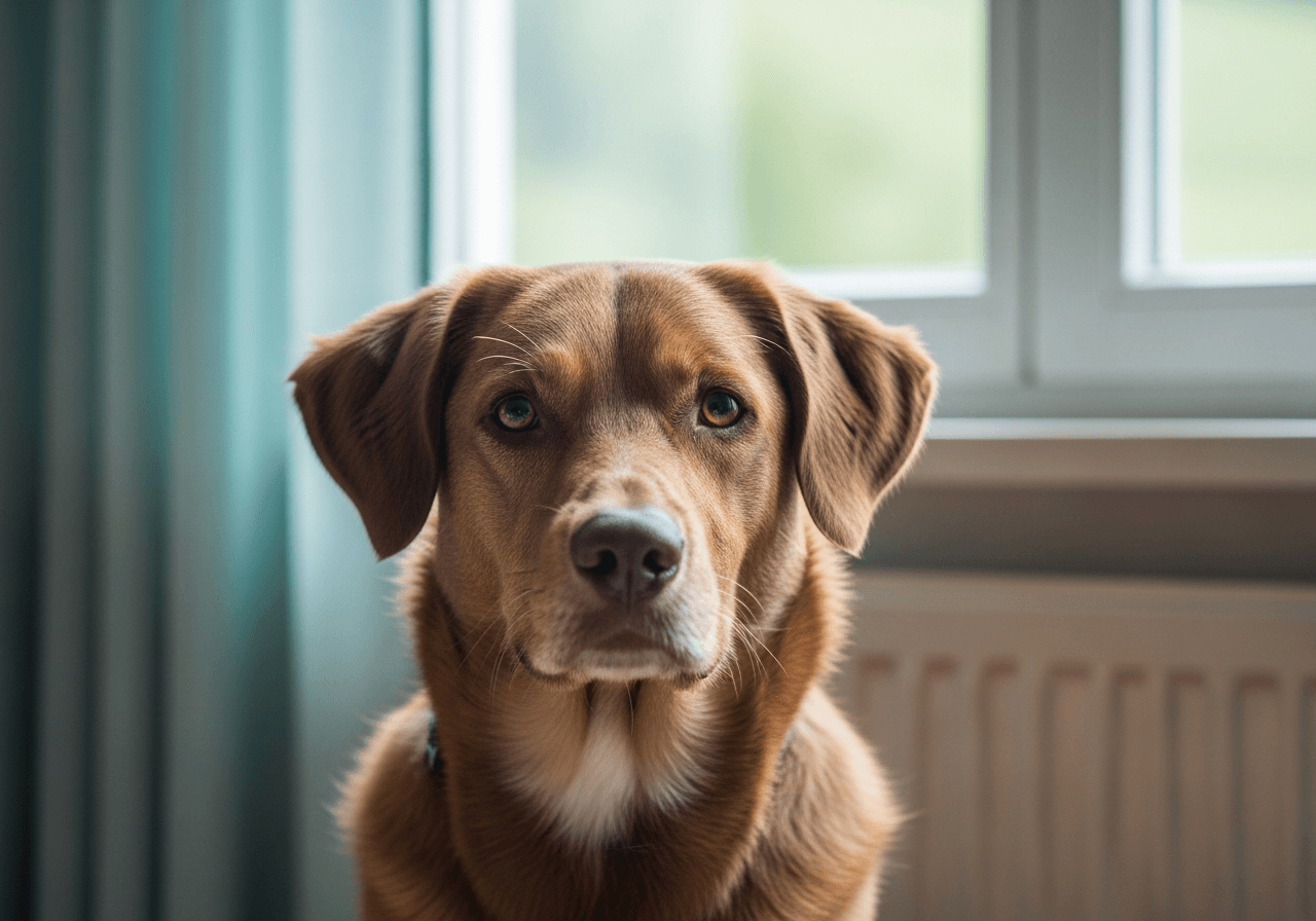 Portrait calme d’un chien brun en lumière naturelle
