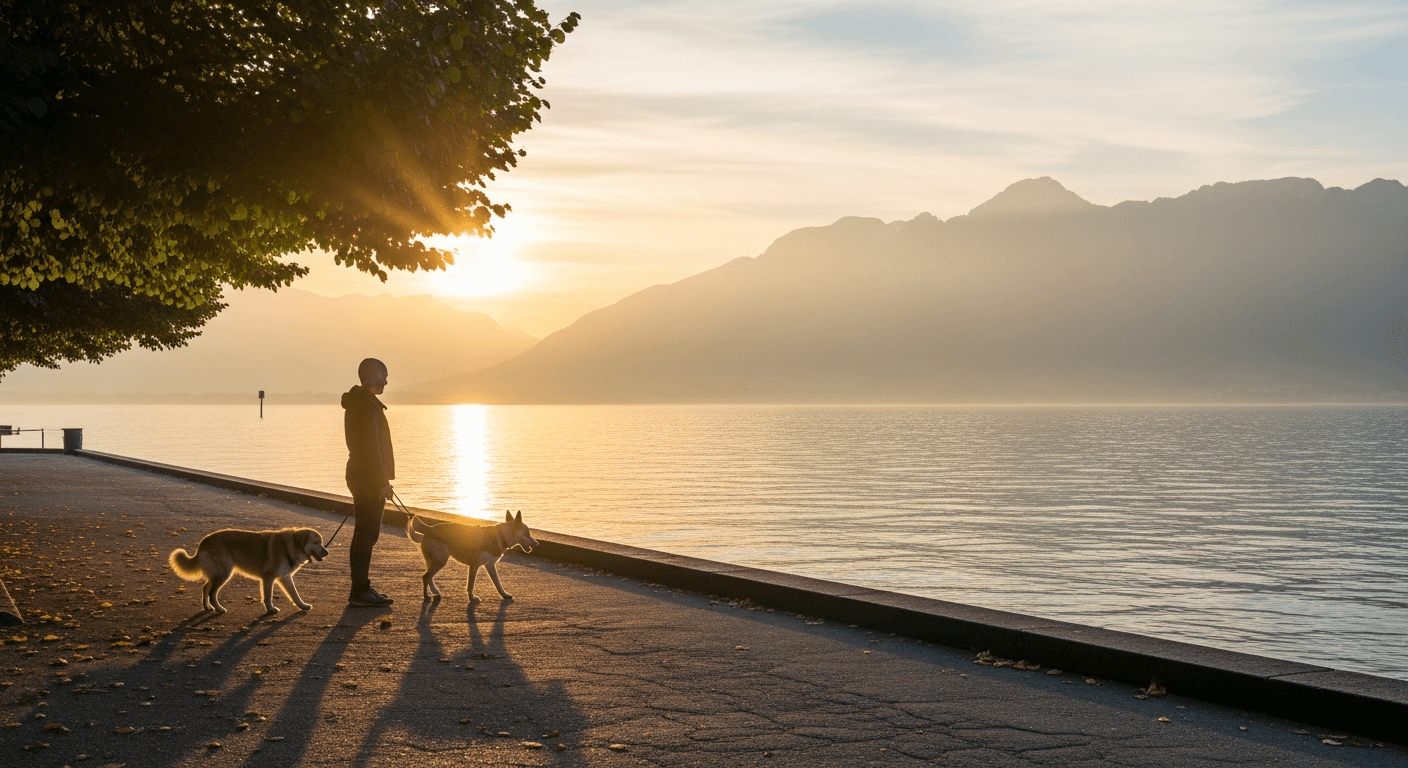 Promenade matinale avec un chien au bord du Léman
