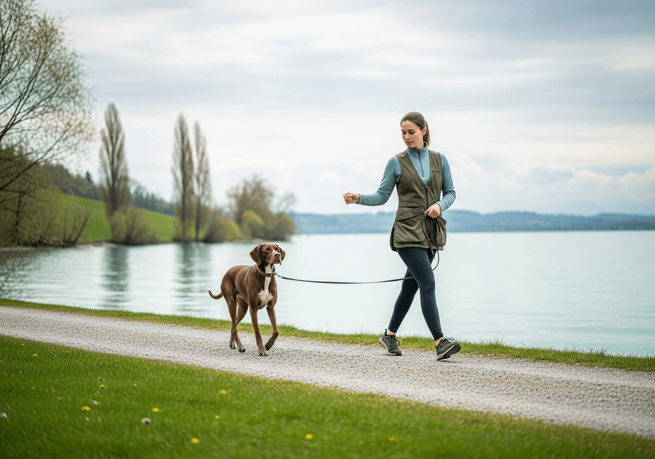 Marche en laisse sur un chemin paisible en Suisse romande